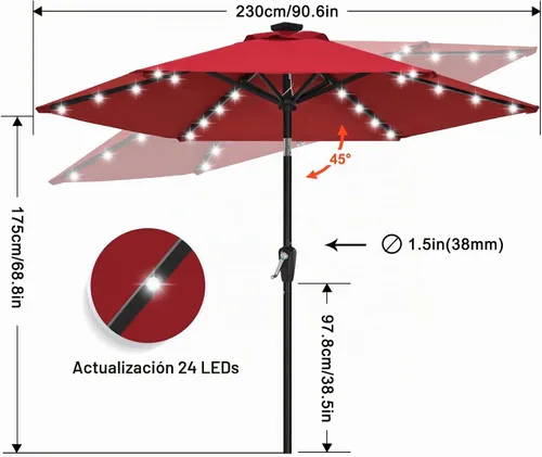 Vista 3 de ABCCANOPY - Sombrilla solar LED para patio con 24 luces, 7.5 pies (borgoña)