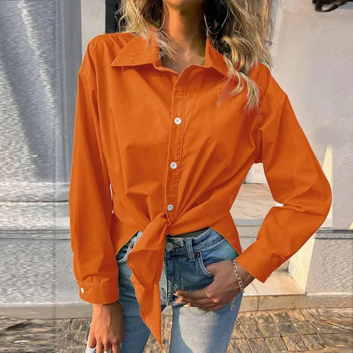 Vista 2 de Blusas de otoño para mujer, estilo casual, de manga larga, con botones, dobladillo irregular y liso, para mujer