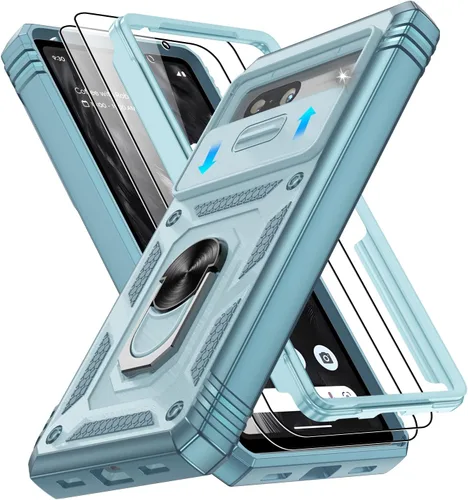 Vista 204 de Gritup Funda para Google Pixel 6 con cubierta deslizante para cámara y protector de pantalla (2 unidades), soporte de anillo giratorio 360°, funda