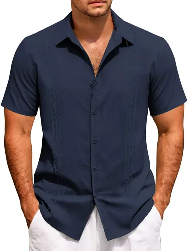 Vista 5 de Camisas de manga corta para hombre, estilo cubano, casual, con botones, para verano, para bolos, holgadas, hawaianas, para vacaciones en la playa