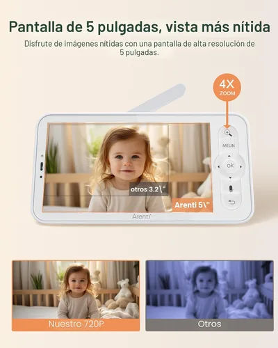 Vista 3 de ARENTI Monitor de vídeo para bebé con cámara y audio, monitor de cámara inteligente para bebé de 5 pulgadas con aplicación gratuita para teléfono
