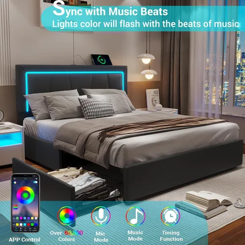 Vista 3 de Hasuit Marco de cama Full con 4 cajones de almacenamiento debajo, cama de plataforma tapizada tamaño Full con cabecera de cuero artificial, cama