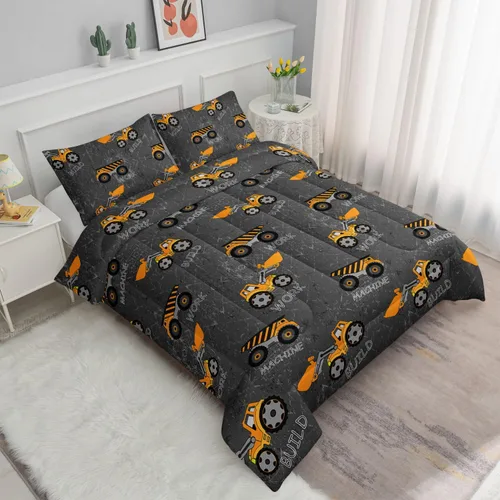 Vista 2 de Juego de edredón de camión de construcción para niños varones, niños, maquinaria excavadoras vehículos tractor juego de ropa de cama con 1 edredón
