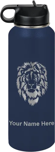 Vista 66 de LaserGram Botella de agua personalizada, cabeza de león, acero inoxidable de doble pared aislada al vacío con popote superior, regalo grabado