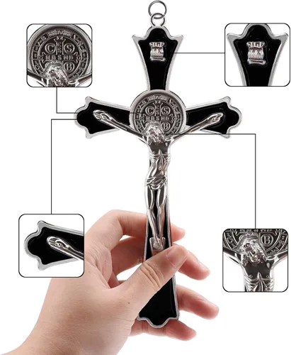 Vista 3 de Crucifijo de metal esmaltado de 8 pulgadas con cruz católica INRI para pared, decoración artística para dar bendición y lo sagrado espiritual: Negro