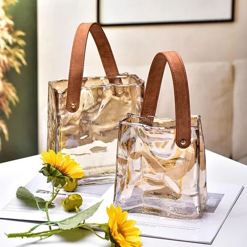 Vista 6 de Cuero hecho a mano - Bolso de mano - Estilo florero de cristal - Elegancia simple para tu espacio (ámbar)