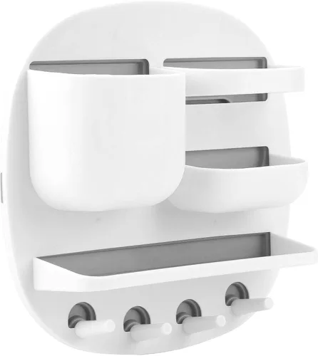 Vista 9 de Estante de montaje en pared, organizador de accesorios de mesita de noche con ganchos, almacenamiento adhesivo para teléfono, control remoto, Rosa