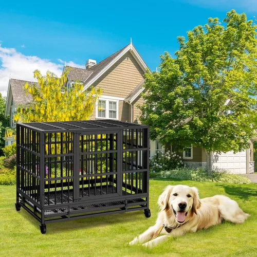Vista 6 de JY QAQA - Jaula para perros de 48/38 pulgadas, de servicio pesado, resistente e indestructible, doble puerta, a prueba de escape, jaula perrera
