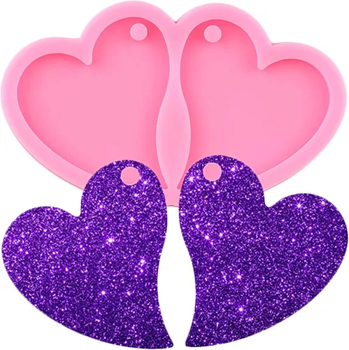 Vista 4 de Paquete de 2 moldes de silicona en forma de corazón, bricolaje epoxi artesanal, aretes de bricolaje, fabricación de joyas de moda, moldes de resina