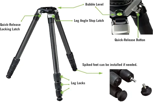 Vista 4 de Kits de trípode de carbono Vortex Optics Radian (Kit de trípode con cabeza niveladora)