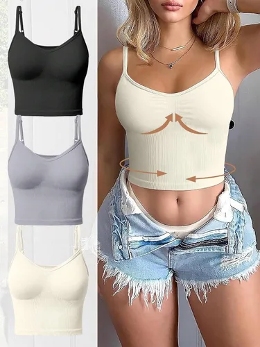 Vista 2 de Milumia Paquete de 3 camisetas de entrenamiento para mujer, con tirantes delgados fruncidos, atléticos, para yoga