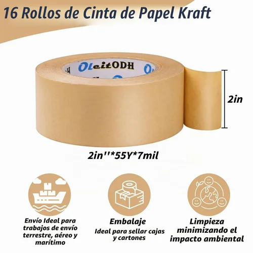 Vista 2 de Oleitodh Paquete de 16 cintas de embalaje de papel marrón, cinta de papel kraft a granel de 2 pulgadas x 55 yardas x 7 mil cinta engomada
