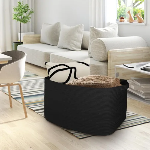 Vista 5 de Cesta negra extragrande, contenedor rectangular tejido de 22 x 17 x 12 pulgadas para almacenamiento, cuerda de algodón suave para habitación