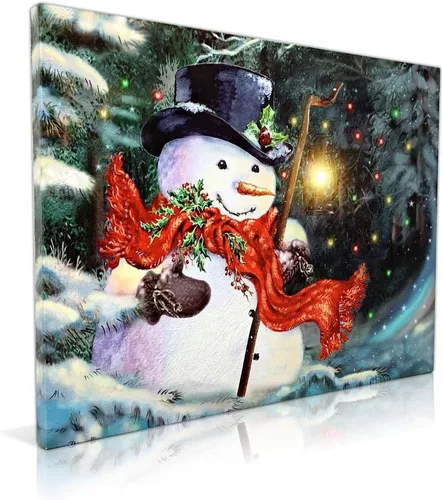 Vista 3 de Lienzo de muñeco de nieve iluminado con linterna LED, impresión de escena de invierno de Navidad, decoración navideña para colgar en la pared