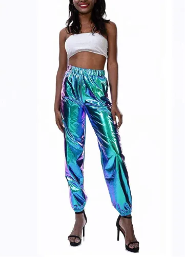 Vista 2 de Kaipiclos Pantalones deportivos reflectantes para mujer, metálicos, brillantes, estilo hip hop, harem, leggings holográficos (azul, 2XL), Azul