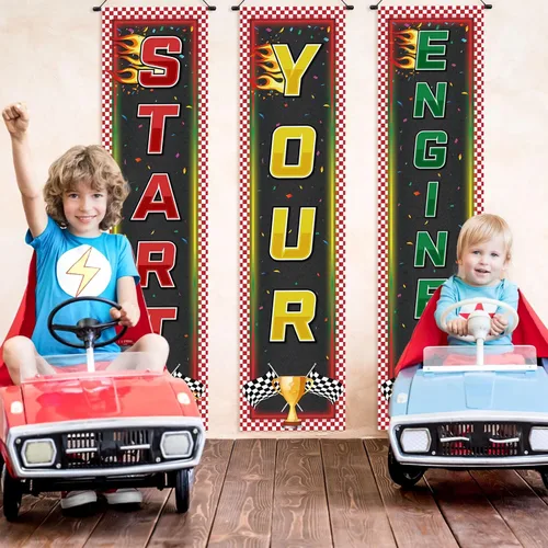 Vista 6 de Tiamon 3 pancartas para fanáticos de las carreras, decoración de cumpleaños de coches de carreras, bandera colgante a cuadros, bandera de camión