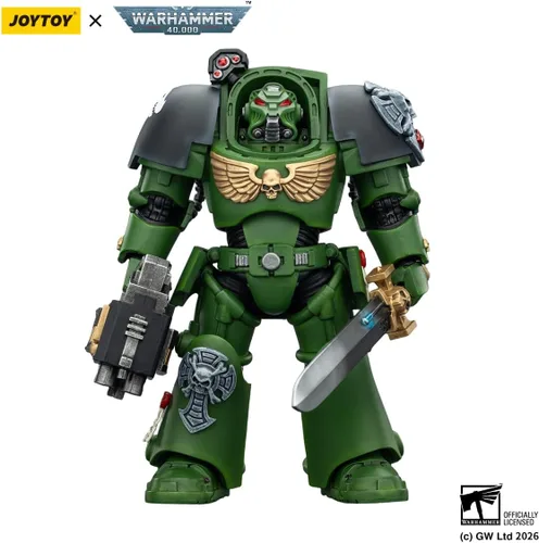 Vista 2 de JOYTOY Warhammer 40K 1/18 Figura de acción Salamanders Terminator 1 con espada de poder y bolter de tormenta modelo de 5.6 pulgadas, regalo