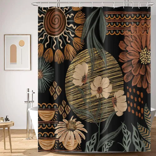 Vista 2 de Cortina de Ducha Floral Bohemia Negra Flores de Mediados de Siglo Botánica Moderna Elegante Estética Cortina de Ducha para Decoración de Baño