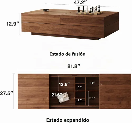 Vista 2 de Mesa de centro expandible de mediados de siglo con almacenamiento – Mesa central ajustable de 47.2"-81.9" para la sala de estar, acabado en madera