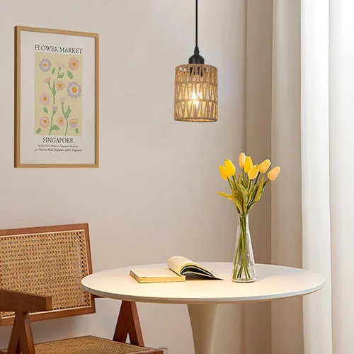 Vista 7 de LAMSU Lámparas colgantes de ratán de 1 luz, iluminación colgante bohemia de granja con pantalla tejida a mano de 4.7×5.9 pulgadas, pequeña lámpara