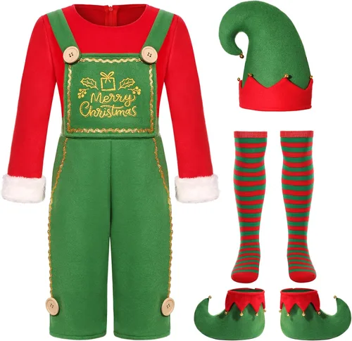 Vista 2 de Kids Christmas Elf Costume Set Girls Holiday Elf Jumpsuit Costume for Xmas Party Outfits