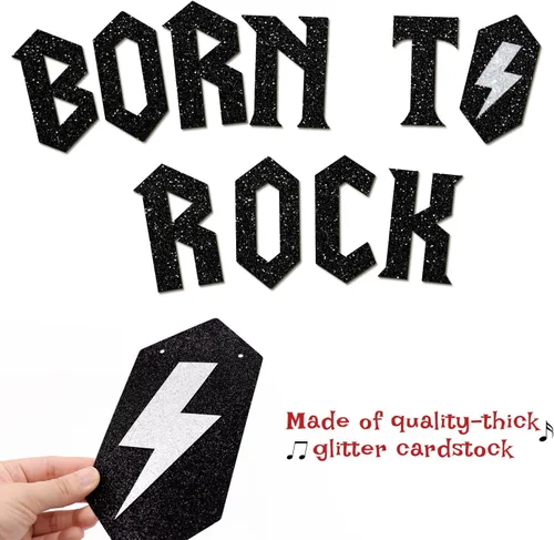 Vista 3 de Banner con purpurina Born to Rock con guirnalda de notas musicales, decoraciones de fiesta de los años 50, suministros de fiesta de cumpleaños