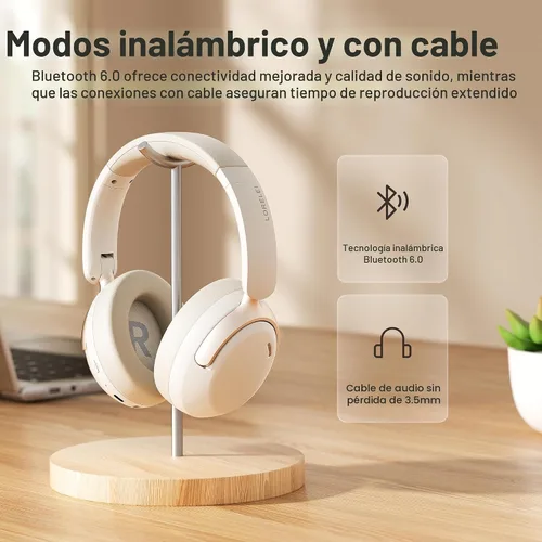 Vista 8 de LORELEI QC30 Auriculares híbridos con cancelación activa de ruido, Bluetooth inalámbrico sobre la oreja, piel proteica beige, control activo