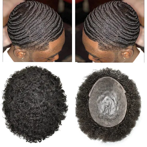 Vista 12 de Afro Toupee para hombres negros, sistema de reemplazo de cabello humano brasileño para hombres afroamericanos africanos afroamericanos, piezas
