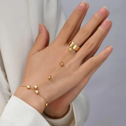 Vista 5 de Pulsera de anillo de cadena de oro esclavo de mano, pulsera de corazón para dedos, cadena de arnés de mano, joyería de moda para mujeres y niñas