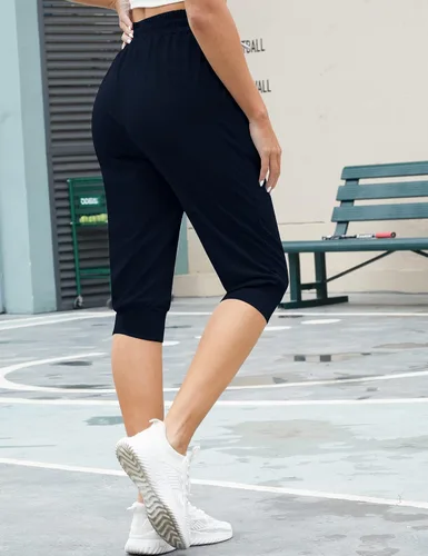 Vista 5 de Syhood Paquete de 2 pantalones deportivos capri para mujer, con cordón, pantalones capri casuales recortados con bolsillos