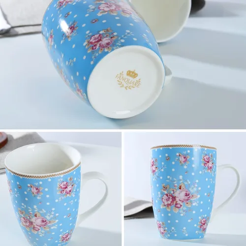 Vista 5 de fanquare Juego de 4 tazas de café de 12 onzas para mujer, juego de tazas de café de porcelana floral, tazas de café grandes de cerámica azul