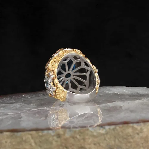 Vista 3 de Anillo chapado en oro para hombre, plata de ley 925, topacio azul, piedras preciosas para hombres, anillos de joyería masculina, anillos