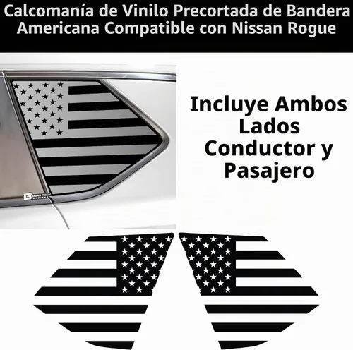 Vista 4 de BOGAR TECH DESIGNS Calcomanía de vinilo precortada con bandera estadounidense para ventana de un cuarto compatible con Nissan Rogue 2021-2025, negro