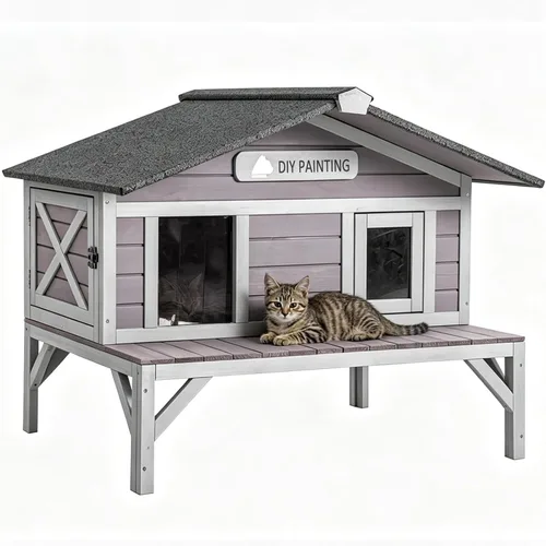 Vista 11 de Aivituvin Casa climatizada para gatos con forro aislado completo, refugio para gatos con puertas de escape, condominio resistente a la intemperie