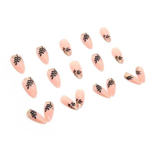 Vista 4 de Foccna Uñas acrílicas a presión de almendra de longitud media para mujer, pegamento de gelatina artificial en las uñas, uñas postizas abstractas