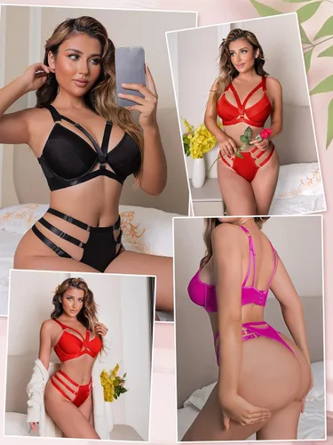 Vista 5 de popiv Conjunto de lencería exótica con tiras para mujer, conjunto de brasier y braga