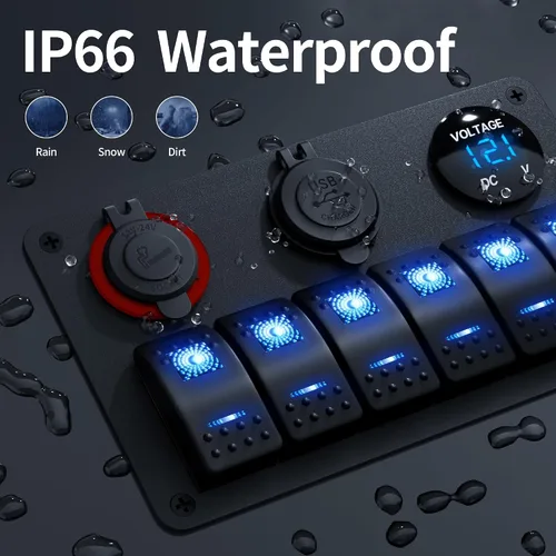 Vista 4 de RVBOATPAT Panel de interruptor marino de 6 bandas Panel de interruptor de barco impermeable Interruptor basculante de 12 V Panel de interruptor azul