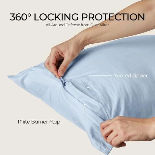 Vista 5 de FAUNNA Protectores de almohada 100 % algodón, a prueba de chinches, hipoalergénicos, con protección antimicrobiana para una mayor frescura Azul