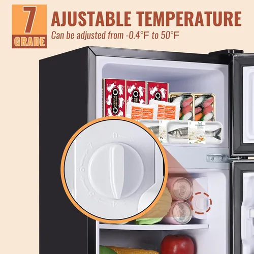 Vista 5 de DEMULLER - Refrigerador mini de 2.4 pies cúbicos con puertas dobles, pequeño refrigerador con congelador separado y control de temperatura ajustable