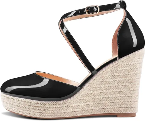 Vista 2 de Aachcol Zapatos de vestir de tacón alto con punta redonda para mujer, con correa de tobillo y tacón alto grueso, patente de boda, 4 pulgadas