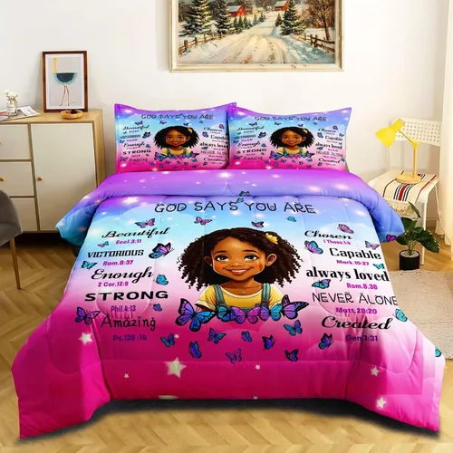 Vista 14 de Juego de edredón de niña negra tamaño individual para niños, juegos de ropa de cama mágica de niña negra, juego de edredón de princesa melanina