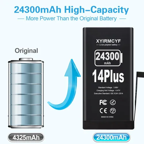 Vista 2 de XYIRMCYF Batería de gran capacidad de 24300 mAh compatible con iPhone 14 Plus, batería de repuesto de polímero de litio de 0 ciclos para iPhone 14