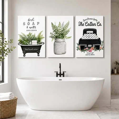 Vista 17 de KVTM 3 piezas de arte de pared de baño de granja, diseño de jabón fresco y bañera de agua, impresiones rústicas de flores en lienzo, arte estético