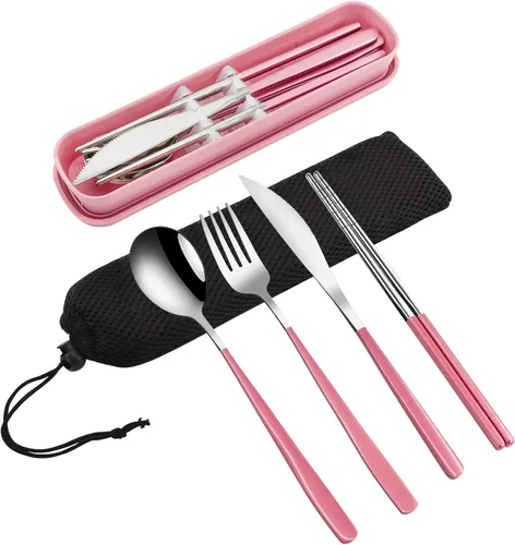 Vista 12 de VANRA Juego de utensilios de viaje portátiles de 3 piezas con estuche, juego de cubiertos de acero inoxidable 18/8, juego de cubiertos reutilizables