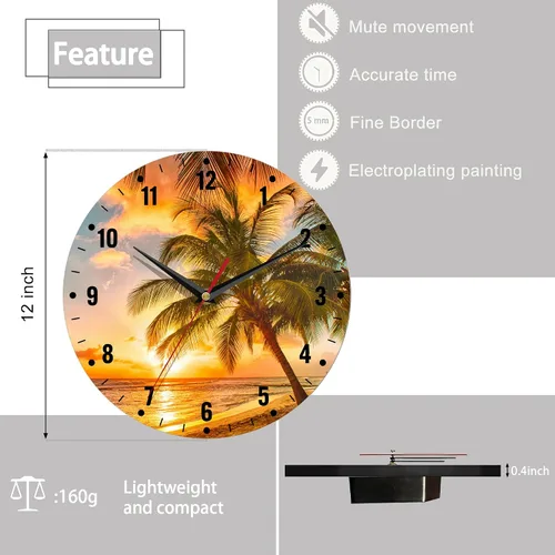 Vista 2 de SPUNKER Relojes de pared, reloj de pared de 10 pulgadas, diseño de palmeras y atardecer, funciona con pilas, pequeños relojes de pared decorativos