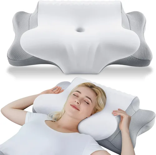Vista 11 de Almohada cervical de espuma viscoelástica para cuello y hombros, almohada cervical de contorno ergonómico para dormir con 2 alturas, almohadas