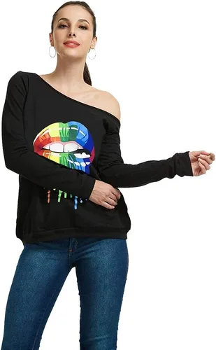 Vista 6 de Magicmk - Sudadera de hombro descubierto y mangas largas, con estampado de labios de mujer, en talla extragrande, para mujer