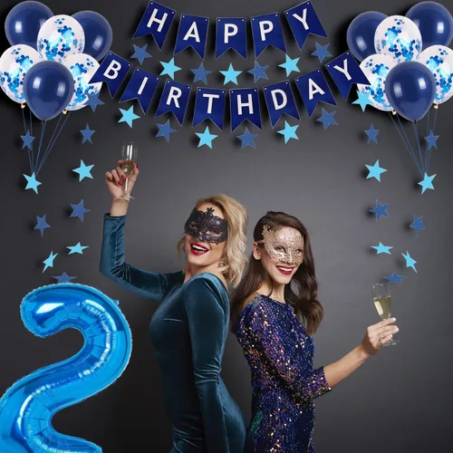 Vista 3 de Decoraciones de fiesta de cumpleaños azul número 29 para hombres y mujeres, suministros de globos de feliz cumpleaños 29 con pancarta de feliz