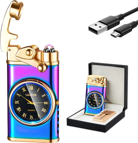 Vista 16 de GADATOP Encendedor eléctrico recargable a prueba de viento, encendedor de plasma con alivio de delfines 3D, reloj integrado con luz LED para uso