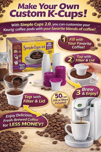 Vista 2 de Simple Cups desechables 50 tazas, tapas y filtros, compatibles con cafeteras Keurig, KCUPs reutilizables y cápsulas de café, utiliza tu propio café